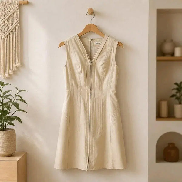 [BUNJANG] Mine 2022 V-Neck Zip-Up Sleeveless Dress Beige / 한섬 마인 2022 브이넥 집업 원피스 82-94-160사이즈