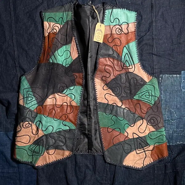 [BUNJANG] Vintage Leather Patchwork Vest / 빈티지 레더 패치워크 베스트 100-103