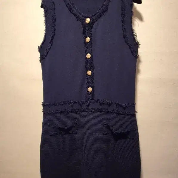 [BUNJANG] Navy Tweed Knit Sleeveless Long Dress (Size 55) / 트위드 니트 민소매 금장단추 롱원피스 55