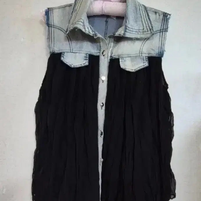 [BUNJANG] Unique Vintage Denim Chiffon Mix Blouse / (새옷)유니크 빈티지 청데님 블랙 쉬폰 블라우스