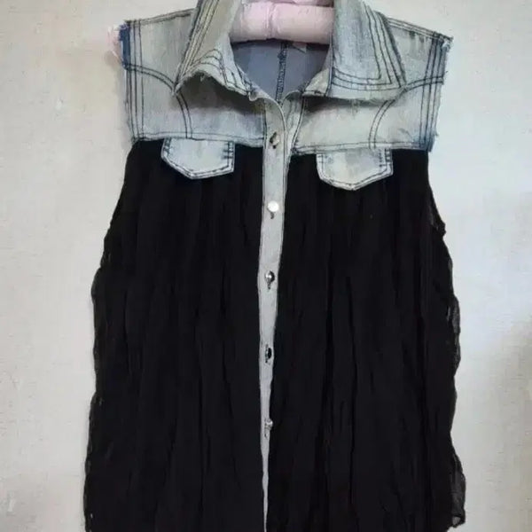 [BUNJANG] Unique Vintage Denim Chiffon Mix Blouse / (새옷)유니크 빈티지 청데님 블랙 쉬폰 블라우스