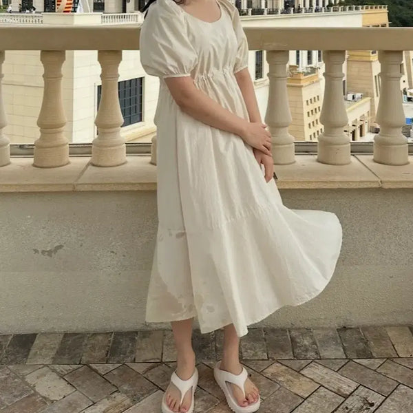 [BUNJANG] Cream Back Slit Long Dress with Puff Sleeves / 등트임 휴양지원피스