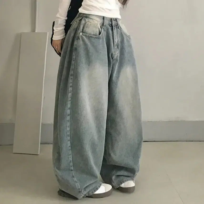 [BUNJANG] Herit Mob Balloon Side-Pleated Wide-Leg Denim Pants / [기본L/중청] 히릿 모브 벌룬 옆핀턱 사이드 절개 통와이드 오버핏 빈티지워싱 데님 롱팬츠