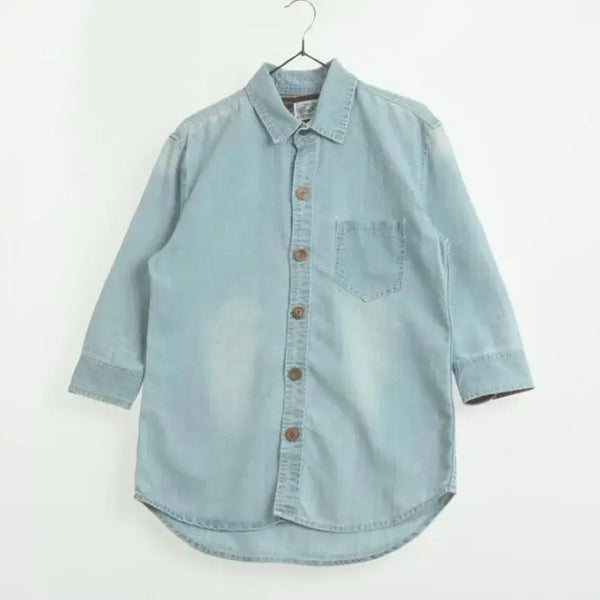 [BUNJANG] Vintage Ethnic Light Wash Denim 7-Part Sleeve Shirt / 빈티지ㅣ에스닉 연청 데님 7부 셔츠