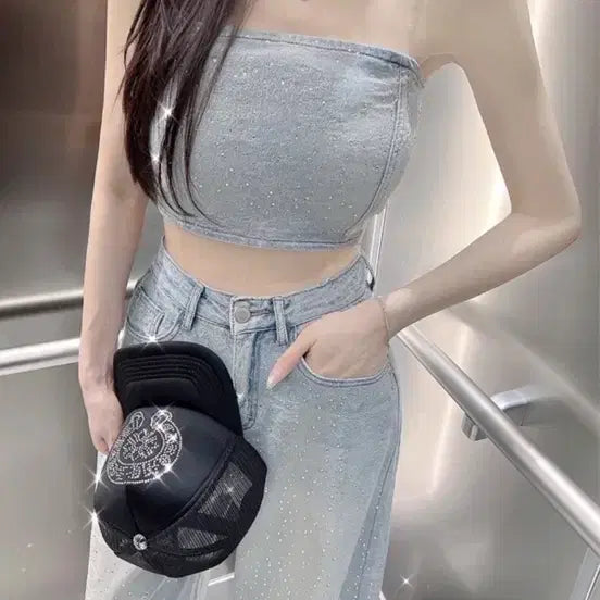 [BUNJANG] J.G. Showroom Denim Cubic Tube Top Set Two-Piece / 수입 제이지쇼룸 데님 큐빅 튜브탑 셋업 투피스