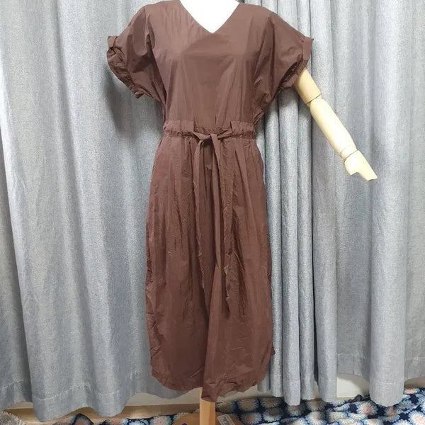 [BUNJANG] Square Brown Waist Tie Dress / 사각사각 브라운 허리끈 원피스