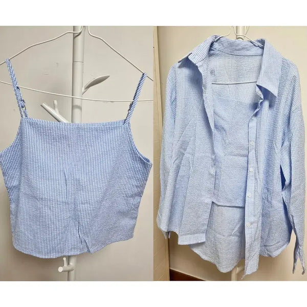 [BUNJANG] Stripe Sleeveless Top and Collar Shirt Set - Sky Blue / 나시+카라셔츠 세트 스트라이프 하늘색 남방 블라우스