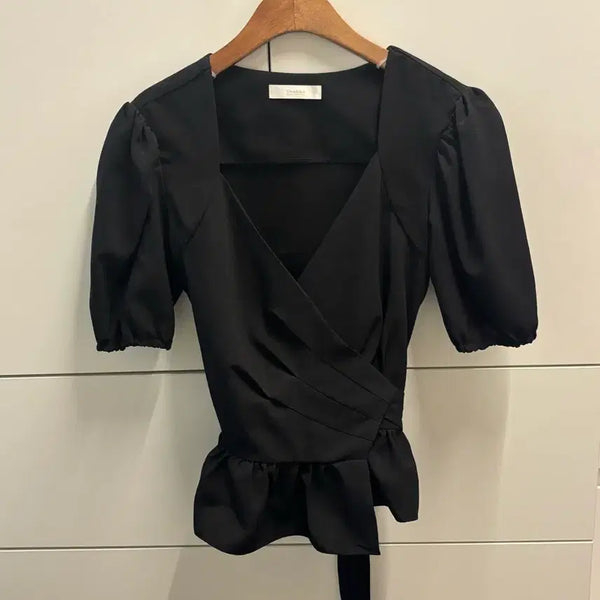 [BUNJANG] Black Wrap Short Sleeve Blouse / 블랙 랩 반팔 블라우스