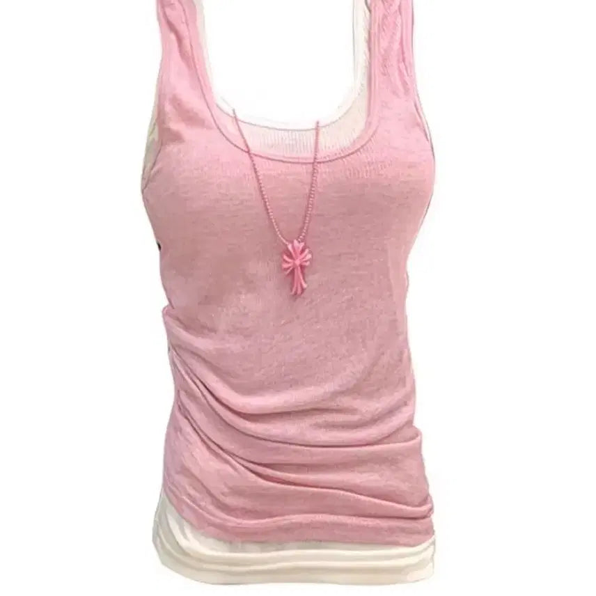 [BUNJANG] Layered Camisole Set (Light Pink + White) / 레이어드 나시 2개 (연분홍+화이트)