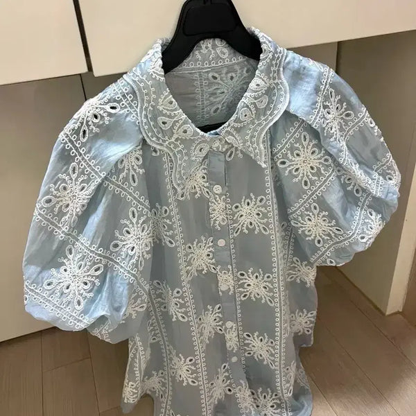 [BUNJANG] Sheer Lace Embroidered Blouse with Balloon Sleeves / 수입의류 레이스 자수 시어 블라우스 블루 실키글로시시스루펀칭레이스벌룬퍼프셔링소매