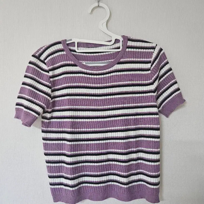 [BUNJANG] Striped Knit Short Sleeve T-Shirt Purple / 단가라 니트 반팔 티셔츠 보라색