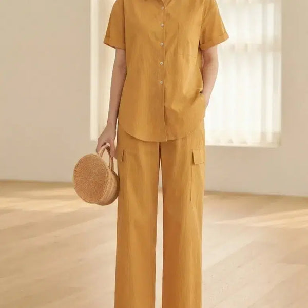 [BUNJANG] MIENNE Orange Back Slit Shirt & Cargo Wide Pants Set / MIENNE 오렌지컬러 백트임 셔츠 & 카고 와이드 팬츠 세트