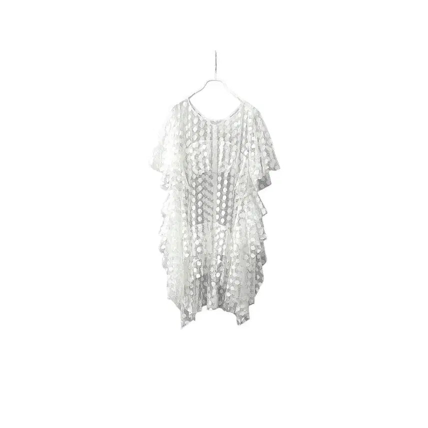 [BUNJANG] O'Z E S E C E N Dot Pattern See-Through Ruffle Asymmetrical Blouse / 오즈세컨  도트패턴  시스루 러플 언발 블라우스