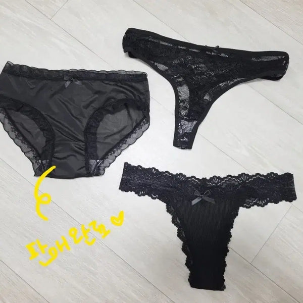 [BUNJANG] Lace 2-Piece Set T-Panty - Black / 레이스 2종 세트 티팬티 블랙