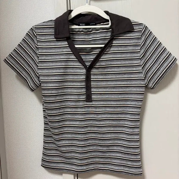[BUNJANG] Mixxo Striped Collar Half Sleeve T-shirt / 미쏘 스트라이프 카라티 반팔티셔츠 55
