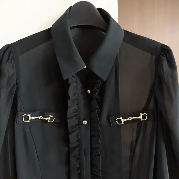 [BUNJANG] DAISY Black See-Through Frill Shirt with Gold-Tone Embellishments / DAISY 블랙 시스루 프릴 금장 장식 셔츠