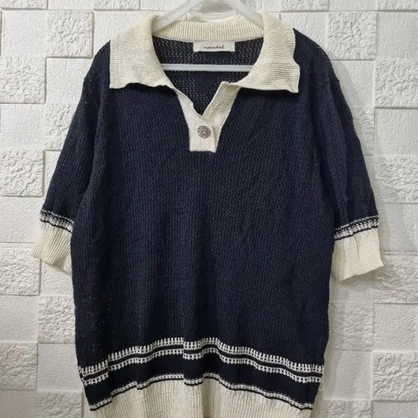 [BUNJANG] Main Hell Collar Knit Navy Ivory / 메인헬 카라 니트 네이비 아이보리 55-66