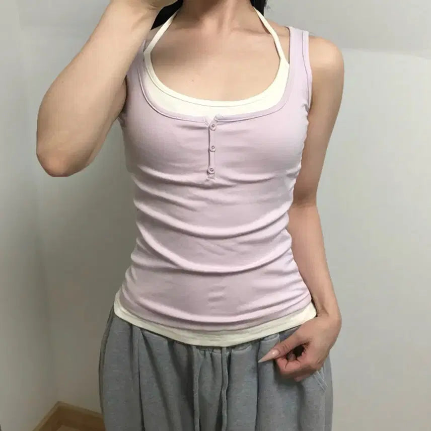 [BUNJANG] Halter Neck Layered Cami Tank Top - Pink / 새 상품 홀터 배색 레이어드 나시 핑크 말라핏 군살커버 휴양지룩 허리잘록