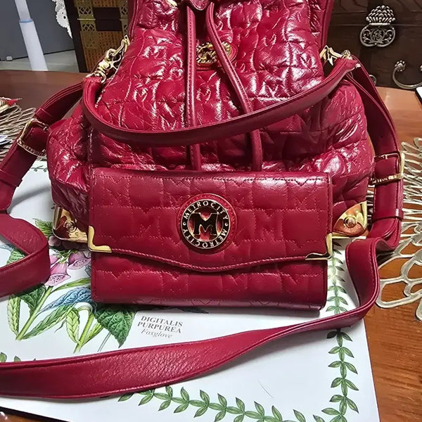 [BUNJANG] Met Citty Quilting Backpack and Women's Wallet Set - Red / 메트로시티 퀼팅 백팩 앤 여성 지갑 세트 레드