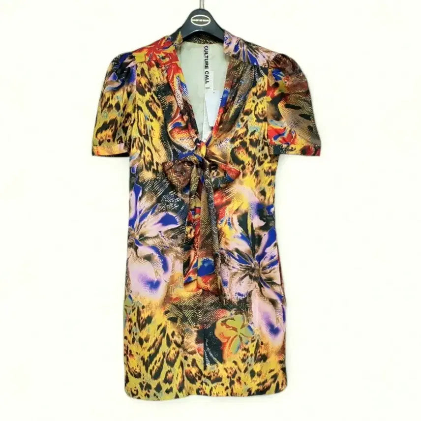 [BUNJANG] Culture Call Women's Puff Sleeve Printed Ribbon Short Sleeve Dress / 55 새상품 여성 컬쳐콜 원피스 프린트 리본 여자 퍼프소매 반팔 새제품
