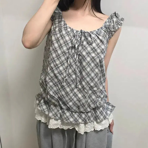 [BUNJANG] Check Pattern Lace Blouse / 새 상품 착샷 체크 패턴 레이스 블라우스 빈티지무드 여름 봄 휴양지 바캉스