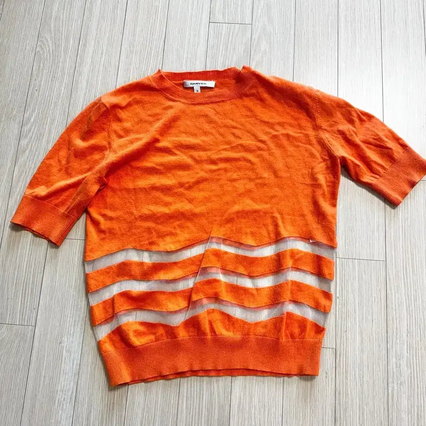 [BUNJANG] Carven Orange Sheer Knit Sweater Blouse / 44 마른55 까르벵 까르뱅 주황색 오렌지 컬러 얇은 봄 여름 시스루 니트 스웨터 블라우스