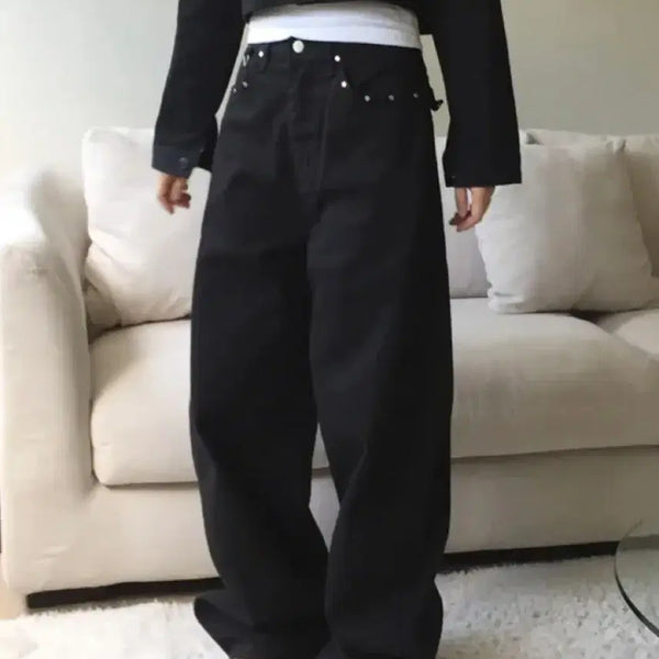 [BUNJANG] Wonder Wonder Stud Star Point Wide Cotton Pants Black / 원더원더 스터드 별 포인트 와이드 코튼 바지 블랙