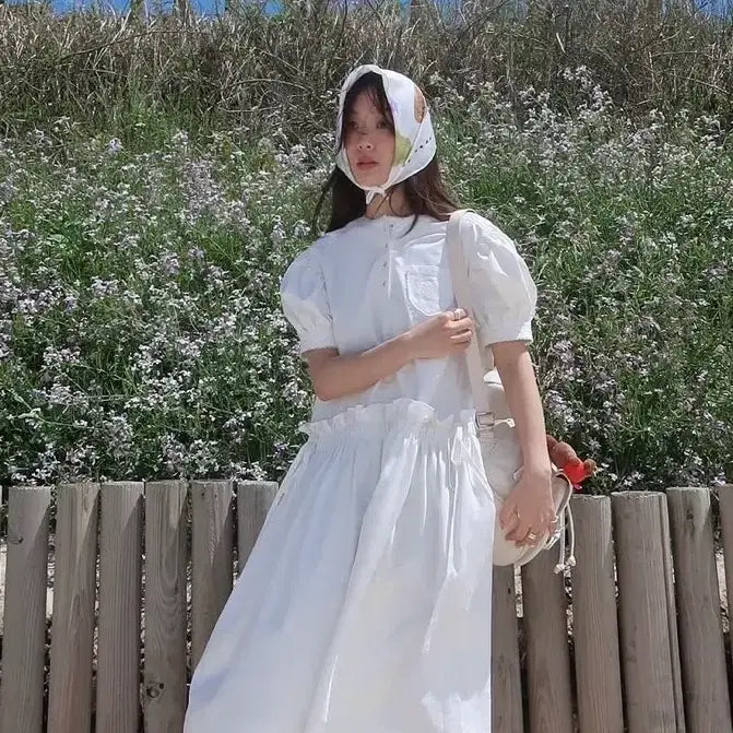 [BUNJANG] Fleta Puff Button Dress - White / 플레따 퍼프 버튼 드레스 - 화이트