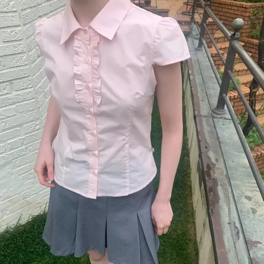 [BUNJANG] Merion Frill Shirt Blouse Pink / 메리온 프릴 셔츠 블라우스 핑크 / 아우로 인앤양인하모니