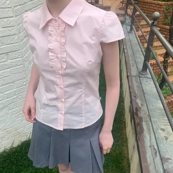 [BUNJANG] Merion Frill Shirt Blouse Pink / 메리온 프릴 셔츠 블라우스 핑크 / 아우로 인앤양인하모니