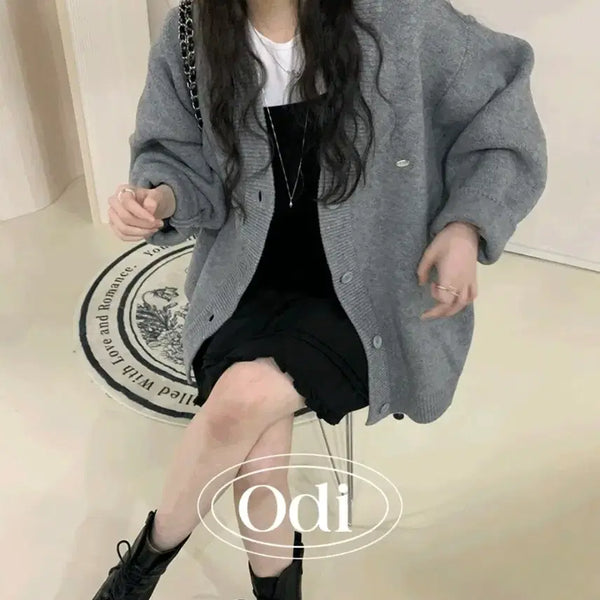 [BUNJANG] ODDFY J Oversized Logo Soft Cardigan Gray / 새상품 오디파이 제이 오버핏 로고 소프트 가디건 그레이