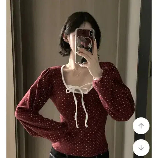 [BUNJANG] Polka Dot Ribbon Blouse - Wine / 땡땡이 리본 블라우스 와인색
