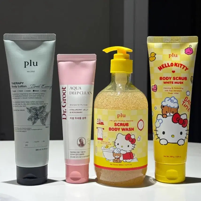 [BUNJANG] Fru:HELLO KITTY Vita Glow Body Scrub & Therapy Body Lotion Set with Dr. Groot Shampoo / 새상품 플루 헬로키티 바디스크럽 바디로션 3종 닥터그루트 샴푸