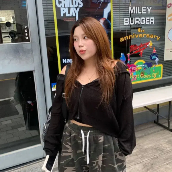 [BUNJANG] DAISY TUELL Jennie Summer Knit Loose Fit Crop Hoodie Zip-Up / 데이지투엘 제이니 썸머 니트 루즈핏 크롭 후드집업