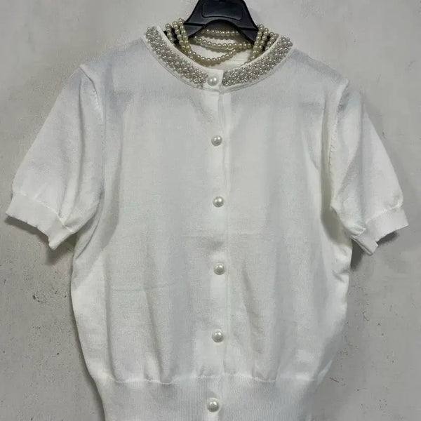 [BUNJANG] Pearl Studded Knit Short Sleeve Top / 특가새)N6879 진주스터드장식 니트.반팔.