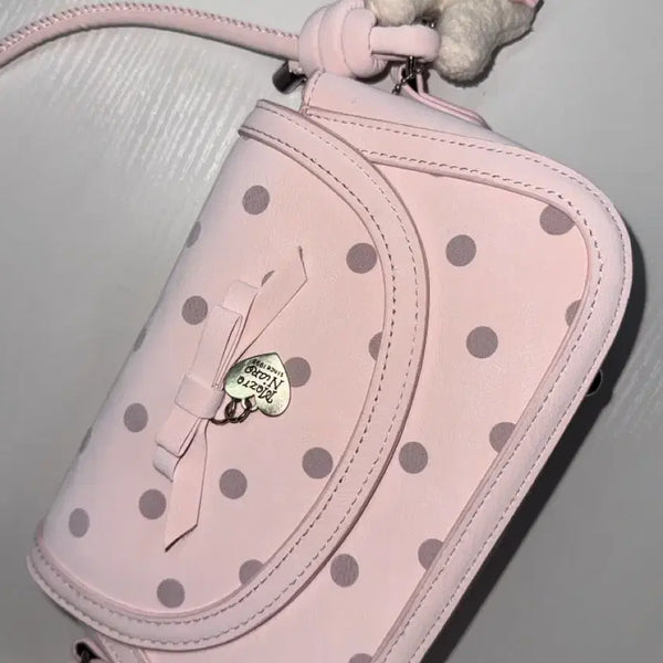[BUNJANG] Vintage Pink Polka Dot Shoulder Bag with Rabbit Charm / 빈티지 가방