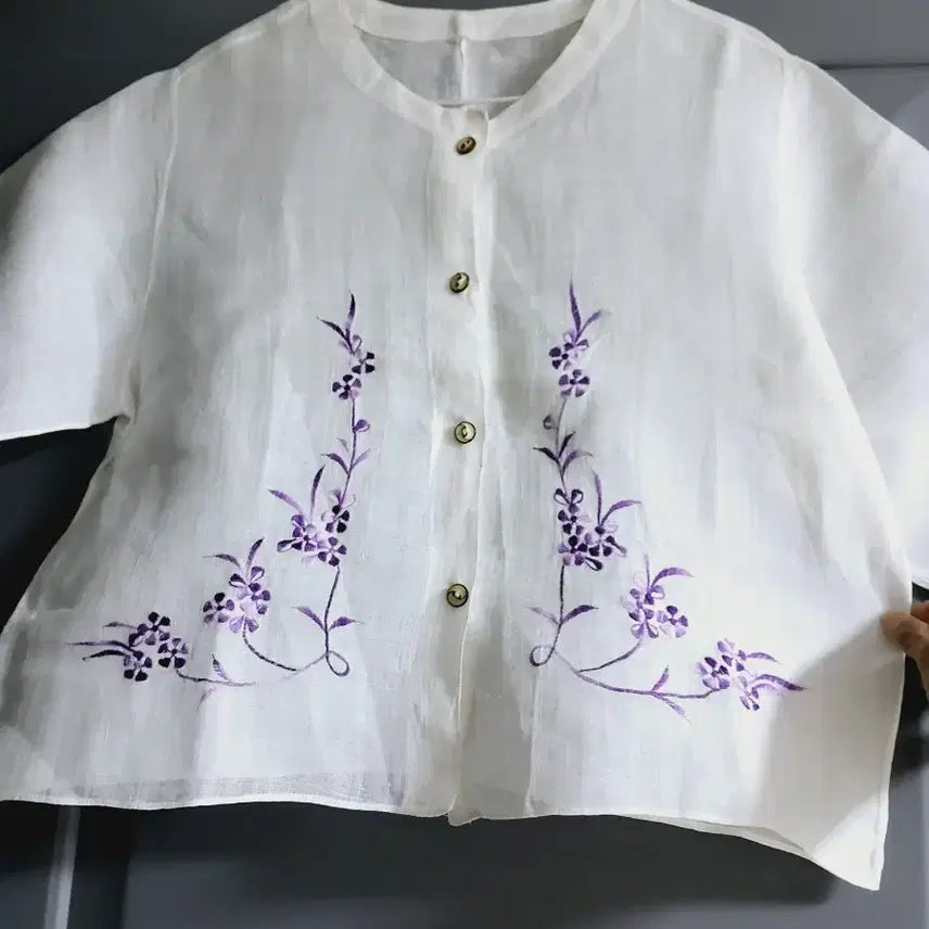 [BUNJANG] White Purple Flower Embroidered Ramie Jeogori / 화이트 퍼플꽃 자수 모시저고리