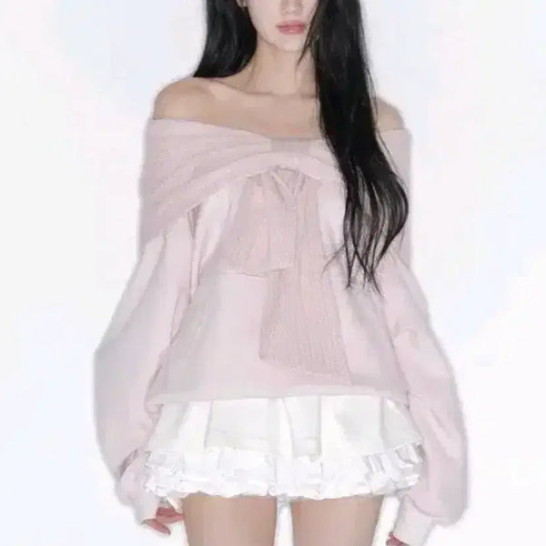 [BUNJANG] Dirtys Ribbon Off-Shoulder Hoodie Pink / 더티스 리본 후드 오프숄더 핑크