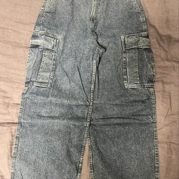 [BUNJANG] GU Denim Super Wide Cargo Pants Blue S / GU 데님 슈퍼 와이드 카고 팬츠 블루 S