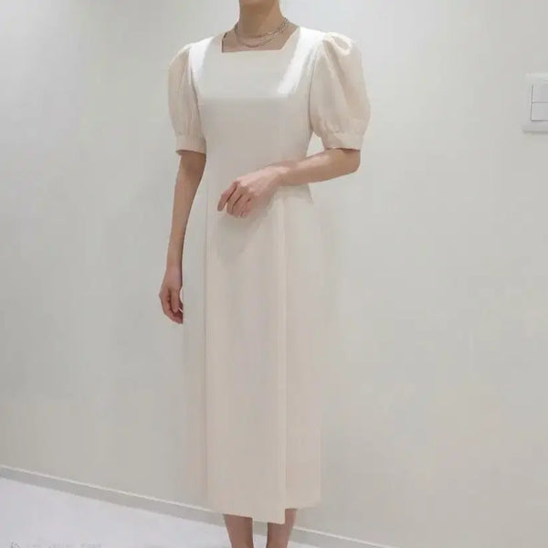 [BUNJANG] Square Neck Puff Sleeve Dress (Beige) / 스퀘어넥 퍼프 소매 원피스 (베이지) 2부드레스