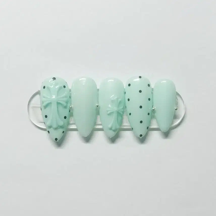 [BUNJANG] Mint Chrome Hearts Nail Tips / 민트 크롬하츠 네일