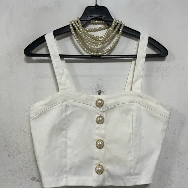 [BUNJANG] Pearl Button Sleeveless Crop Blouse Tank Top / 특가새)N6883 진주단추 나시 탑.크롭.블라우스.탱크탑