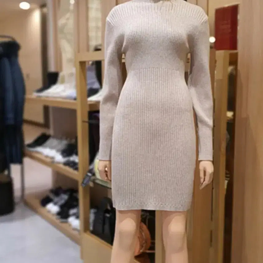 [BUNJANG] EGOIST Ribbed Turtleneck Knit Dress - Beige / 에고이스트 골지 반폴라 니트 원피스
