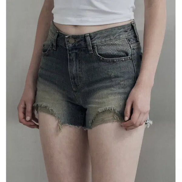 [BUNJANG] Mnem Stud Damage Short Pants Green S / 므넴 스터드 데미지 숏 팬츠 그린 s