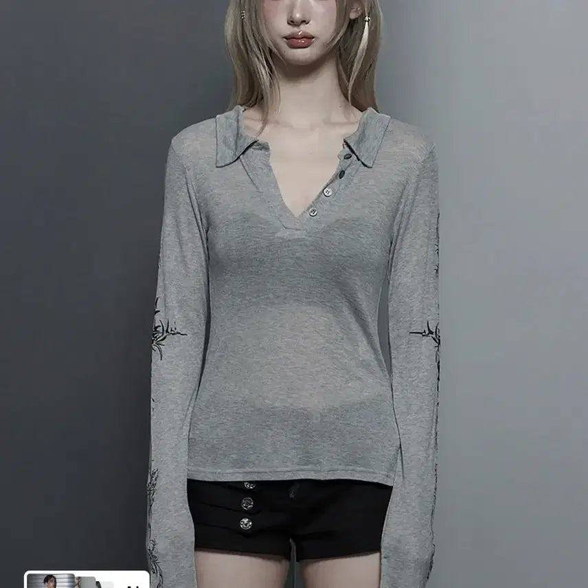 [BUNJANG] Rib Collar Tattoo Long Sleeve Top Free Size / 에트오소메 리브 카라 타투 긴팔 롱슬리브 rib collar free