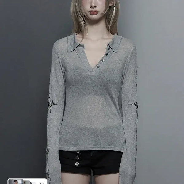 [BUNJANG] Rib Collar Tattoo Long Sleeve Top Free Size / 에트오소메 리브 카라 타투 긴팔 롱슬리브 rib collar free