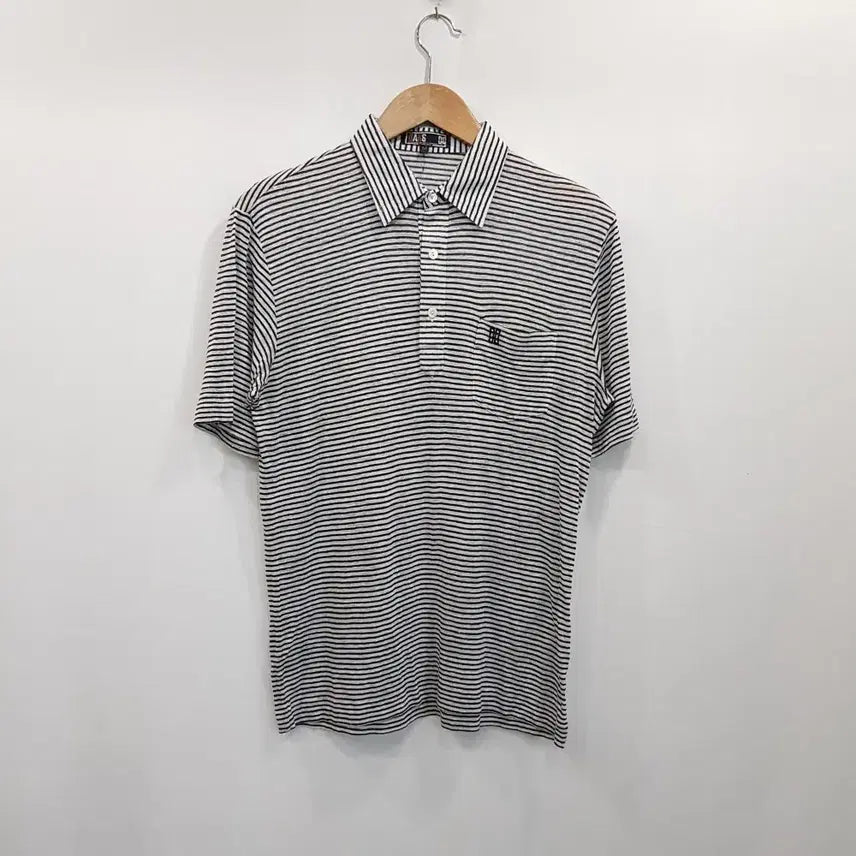 [BUNJANG] Daks Embroidered Logo Linen Blend Short Sleeve Polo Shirt Men's M / R278 닥스 자수로고 스트라이프 린넨 마 반팔 카라 티셔츠 남M
