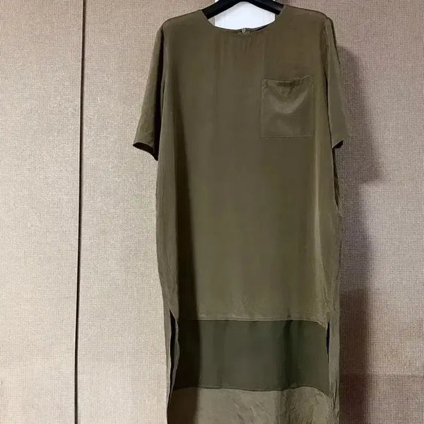[BUNJANG] DKNY Silk Short-Sleeve Mini Dress Khaki Summer See-Through Chiffon Color Block / Dkny 실크 반팔 미니 원피스 카키 여름 포켓 블라우스 티셔츠 밑단 시스루 쉬폰 배색