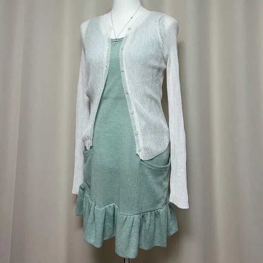 [BUNJANG] Mint Knit Sleeveless Mini Dress / 민트.슬리브리스.원피스.미니원피스.레이어드.신축성좋음.여리여리.프리사이즈.데이트룩.큐티.니트원피스.프릴원피스