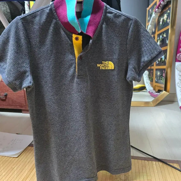 [BUNJANG] The North Face Gray Color Block Collar T-Shirt / 노스페이스 반팔 카라티 그레이 넥라인 배색